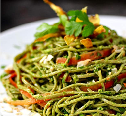 Edamame Spaghetti with Kale Cilantro Pesto